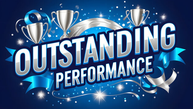 Celebrate outstanding performance with this vibrant design featuring glistening trophies and celebratory ribbons against a dark blue backdrop. Perfect for award ceremonies or achievement recognition.