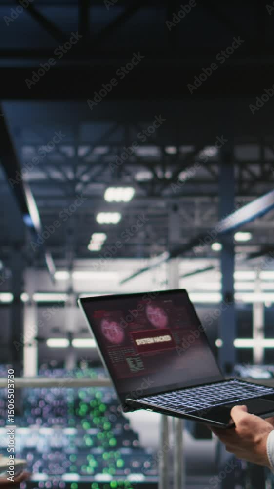 Poster vertical video stressed technicians in server room fighting each other after detecting hacking attem