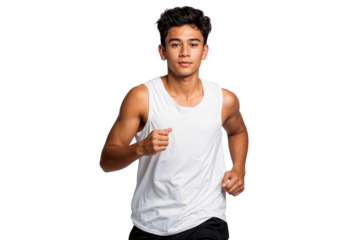 Sporty man jogging outdoors, fit and healthy person isolated on transparent background