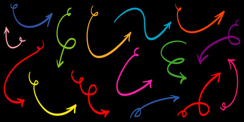 hand drawn Arrows icons Set. arrow icon with various directions. Doodle design element. isolated on a black background
