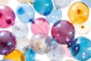 Colorful luxury clear balloons isolated on white background. A bunch of balloons in different colors and sizes are floating in the air.