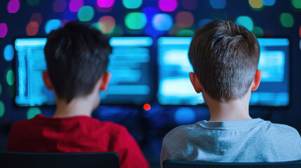 Fototapeta premium Two children sitting front of computer screens, engaged online activities, with colorful lights background creating vibrant