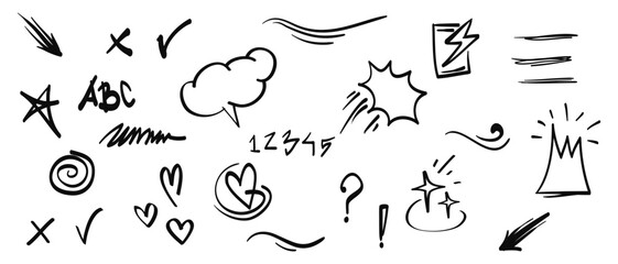 Hand drawn set of doodle design elements. Crown, arrow, curly swishes, bubble speech, star, hearts. used for infographic concept design