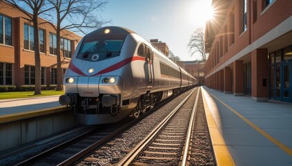 Naklejka premium High Speed Passenger Train Arriving at Station Platform on a Sunny Day