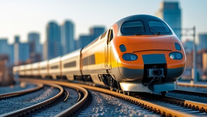 Fototapeta premium High speed passenger train on railway with city skyline at background