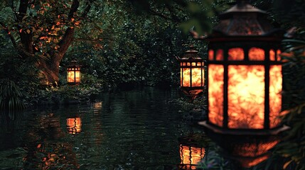 Fototapeta premium Illuminated lanterns near a tranquil waterway.