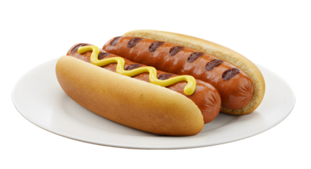 Isolated Photo of Two Grilled Hot Dogs with Mustard on a Plate