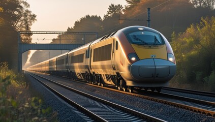 Naklejka premium High-Speed Train Journey Through Picturesque Landscape at Golden Hour Scenery