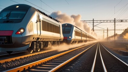 Naklejka premium A modern high speed train traveling on railway at sunset towards its destination