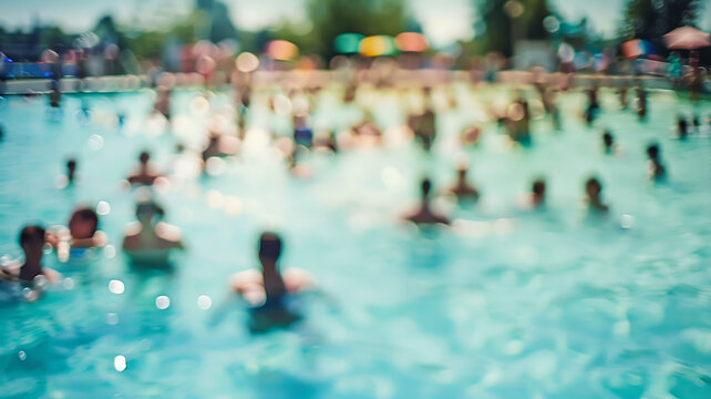 pool at the resort blurred background, group of people in the pool near the hotel, abstract blur backdrop