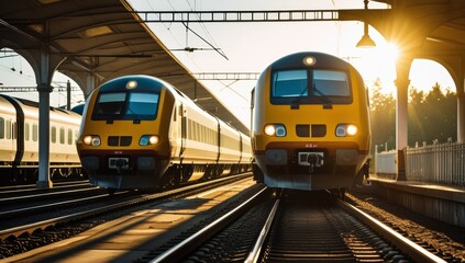 Naklejka premium High-Speed Trains Awaiting Departure at a Modern Railway Station Platform