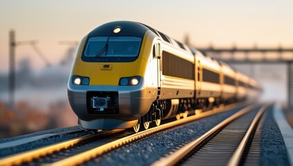 Modern high speed train at sunset approaching on railroad tracks with golden light