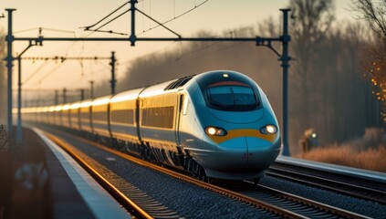 Naklejka premium Modern high speed train traveling through countryside during golden hour
