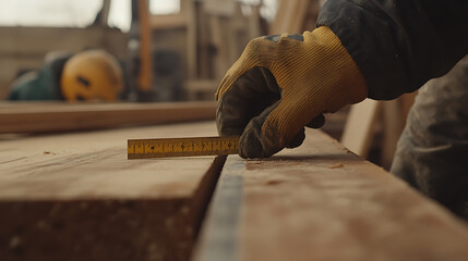 Carpenter Measuring Wood with a Tape Measure