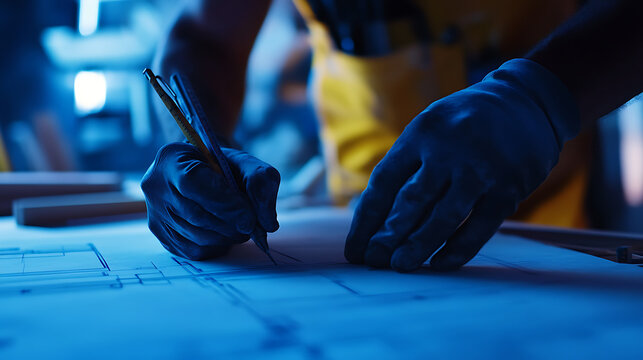 Architectural Blueprint Drawing in a Workshop