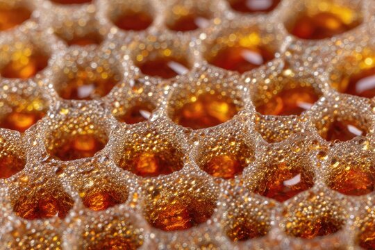Honeycomb close-up.  Golden honey fills hexagonal cells