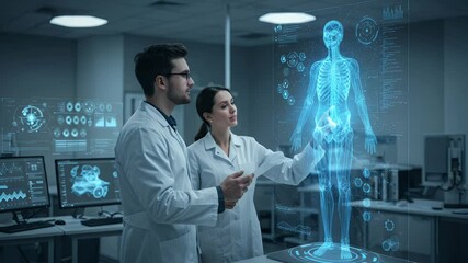 Two scientists in a lab examine a holographic human anatomy - Powered by Adobe