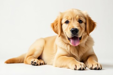 Fototapeta premium Golden retriever puppy lies down on white backdrop, cute, puppy