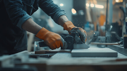Craftsman Using Angle Grinder in Workshop