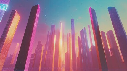 Vibrant, futuristic cityscape of tall buildings.