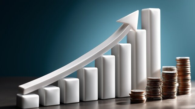 Inflation, rising inflation. Rising prices. White arrow on the chart up, blue background. Growth concept