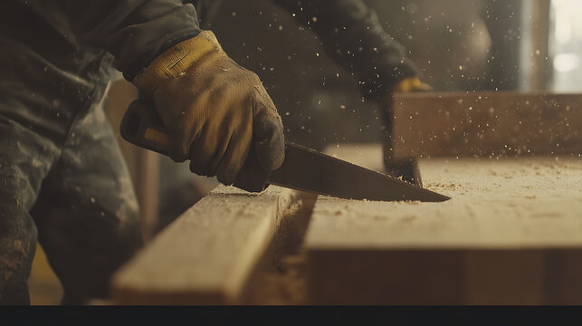 Carpenter Sawing Wood in Workshop - Powered by Adobe