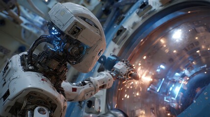 Fototapeta premium Close-up of bionic robotic arm replacing tungsten alloy wall modules in nuclear fusion reactor with precise joints, blue plasma glow, sparks, heat distortion, and advanced automation technology.