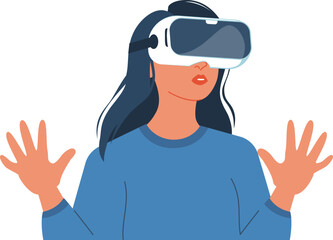 Illustration of a woman immersed in virtual reality, showcasing innovation and futuristic technology. Woman in VR glasses, meta universe of entertainment concept. Flat woman exploring a virtual world