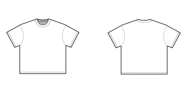 Boxy Fit Round Neck Crew Neckline T-shirt Vector Mock-up Fashion Template Flat Illustration Front and Back