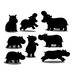 Set of Cute Hippopotamus Silhouettes in Various Poses