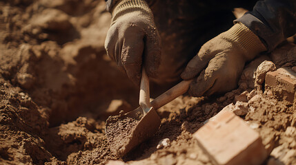Close-up of Hands in Gloves Digging Soil with a Trowel