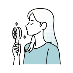 携帯扇風機で涼む女性イラスト