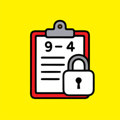 Obraz premium A red clipboard with white paper showing 94 and lines plus a white padlock all against a yellow background 