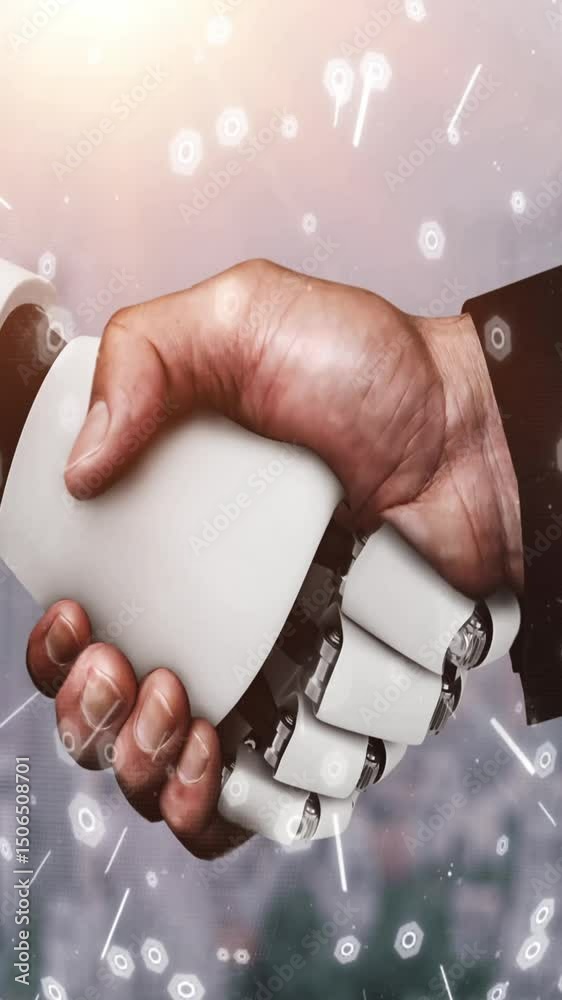 Poster 3d rendering hominoid robot handshake to collaborate future technology development by ai thinking br