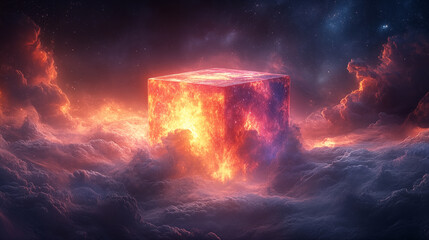 Glowing cosmic cube floating in surreal space nebula with stars and colorful clouds, fantasy science fiction and digital art concept
