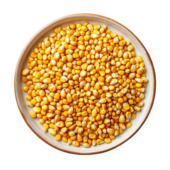 Bright yellow corn seeds on a plate isolated against a clean Transparent background ready for planting or cooking, corn seeds in a plateisolated on PNG background