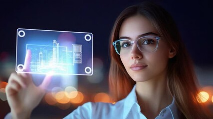 Vision of the Future: A modern woman wearing glasses interacts with a futuristic interface, overlaying a cityscape to visualize the future of urban innovation. - Powered by Adobe