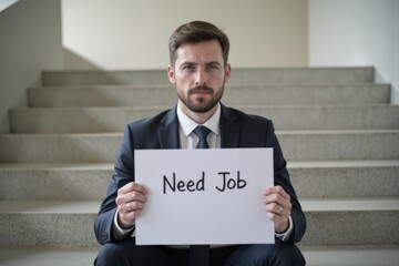 Businessman seated on stairs holding sign that says "need job".