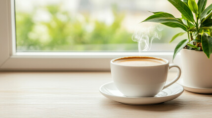 Fototapeta premium Cozy cup of coffee with steam near a window and a green plant.