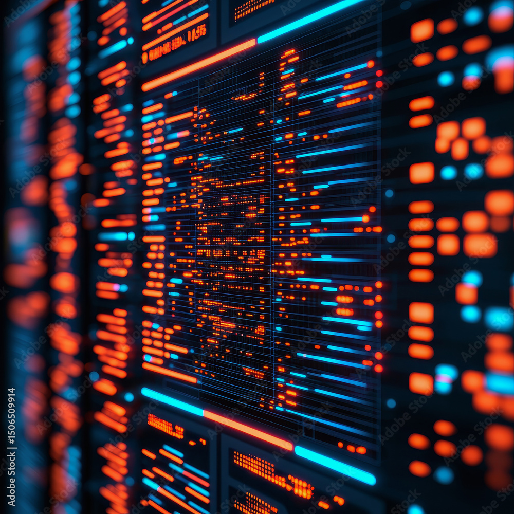 Poster abstract digital data visualization with vibrant colors and patterns.
