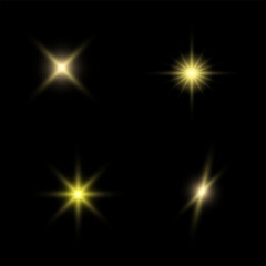 Illustration of yellow sparkling stars on a black background. For cosmic, magical, or festive designs, posters, invitations, or digital art. Sparkling stars, flickering and flashing lights effect.
