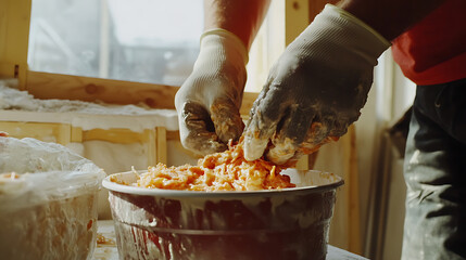Person in Gloves Mixing Orange Substance in a Bucket