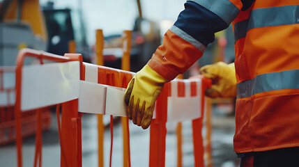 Construction Worker Setting Up Safety Barriers