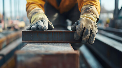 Worker Handling Steel Beams in Construction Site