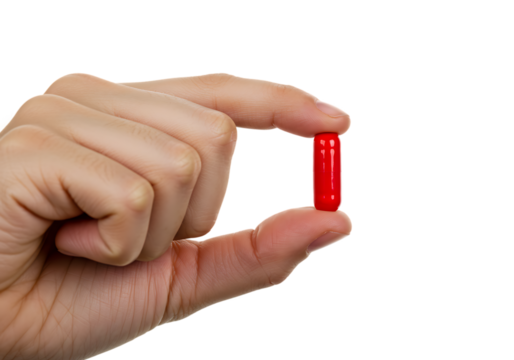 Hand Holding Red Capsule Pill on Transparent Background

