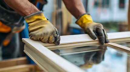 Carpenter Working with Wood and Glass in Workshop