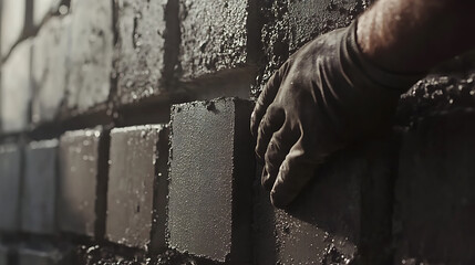 Hand in Glove Laying Bricks on a Wall