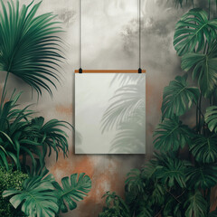 A fine art mockup with a blank paper hanging . Soft shadows, moody lighting, tropical foliage detail with large leaves. Minimal, painterly, masterpiece atmosphere. 