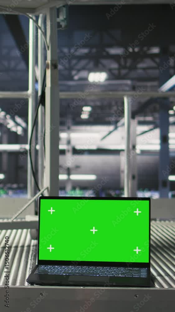 Poster vertical video isolated screen laptop automating supercomputers hardware inside server hub. chroma k