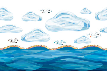 Seamless board with a seascape. Waves, seagulls and clouds, sea breeze depicted with brushstrokes and streaks on a separate background